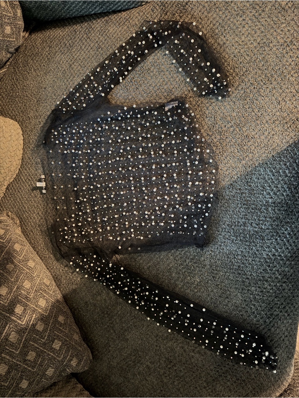 Black Sheer Pearl-Embellished Women's Top